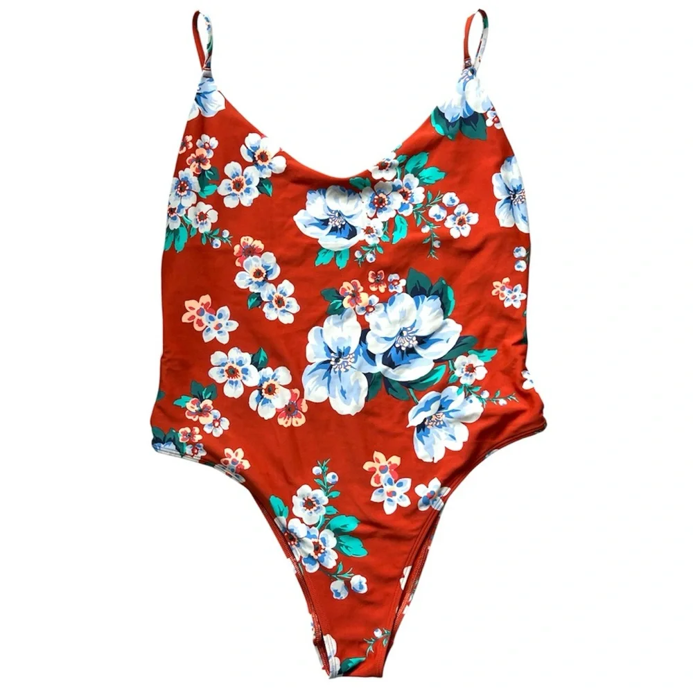 Aerie Orange Tropical Print Cutout Side One Piece Swimsuit Size XL - Picture 4 of 7